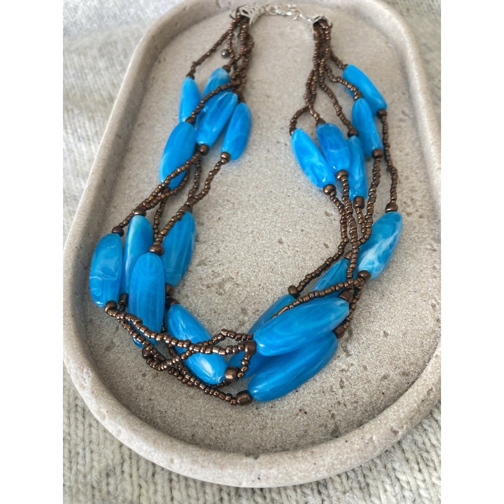 Boho Turquoise Colored Multi Strand Beaded Necklace Bronze Seed Bead Statement